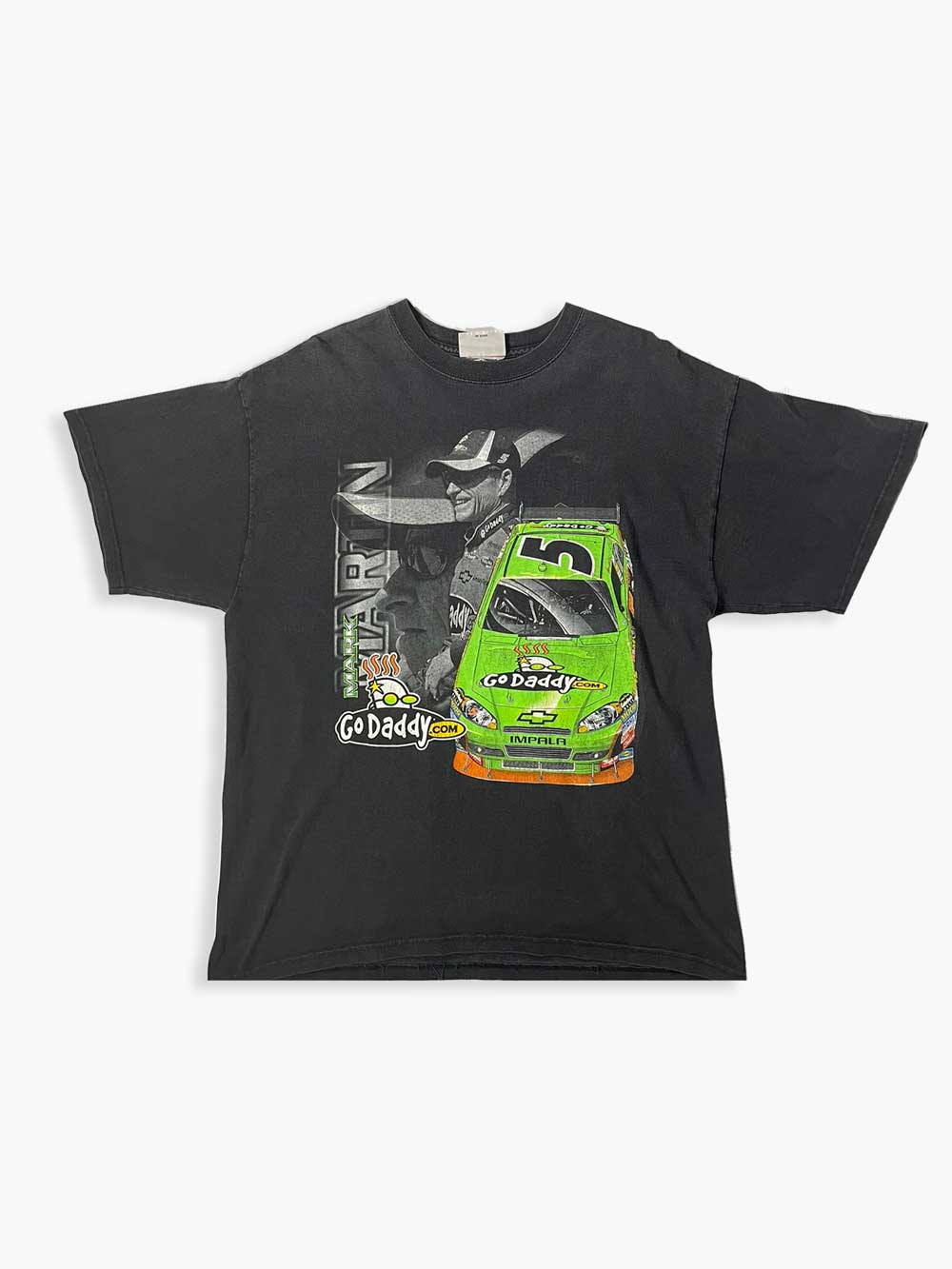 Black godaddy vintage t-shirt featuring Mark Martin, a very successful former racing driver. Considered one of the greatest drivers in NASCAR history. Positioned on a neutral white background.
