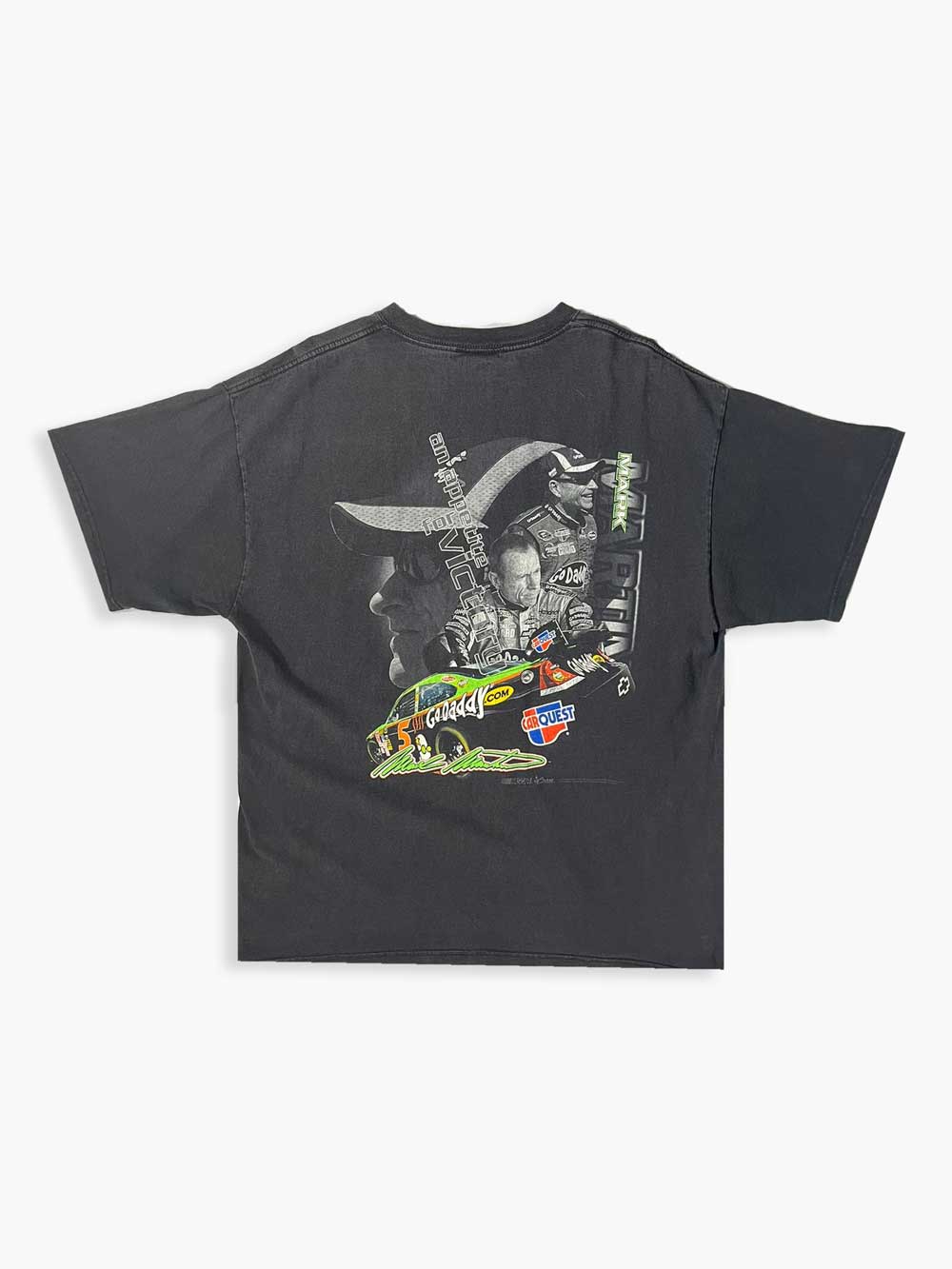 Black godaddy vintage t-shirt featuring Mark Martin, a very successful former racing driver. Considered one of the greatest drivers in NASCAR history. Positioned on a neutral white background.