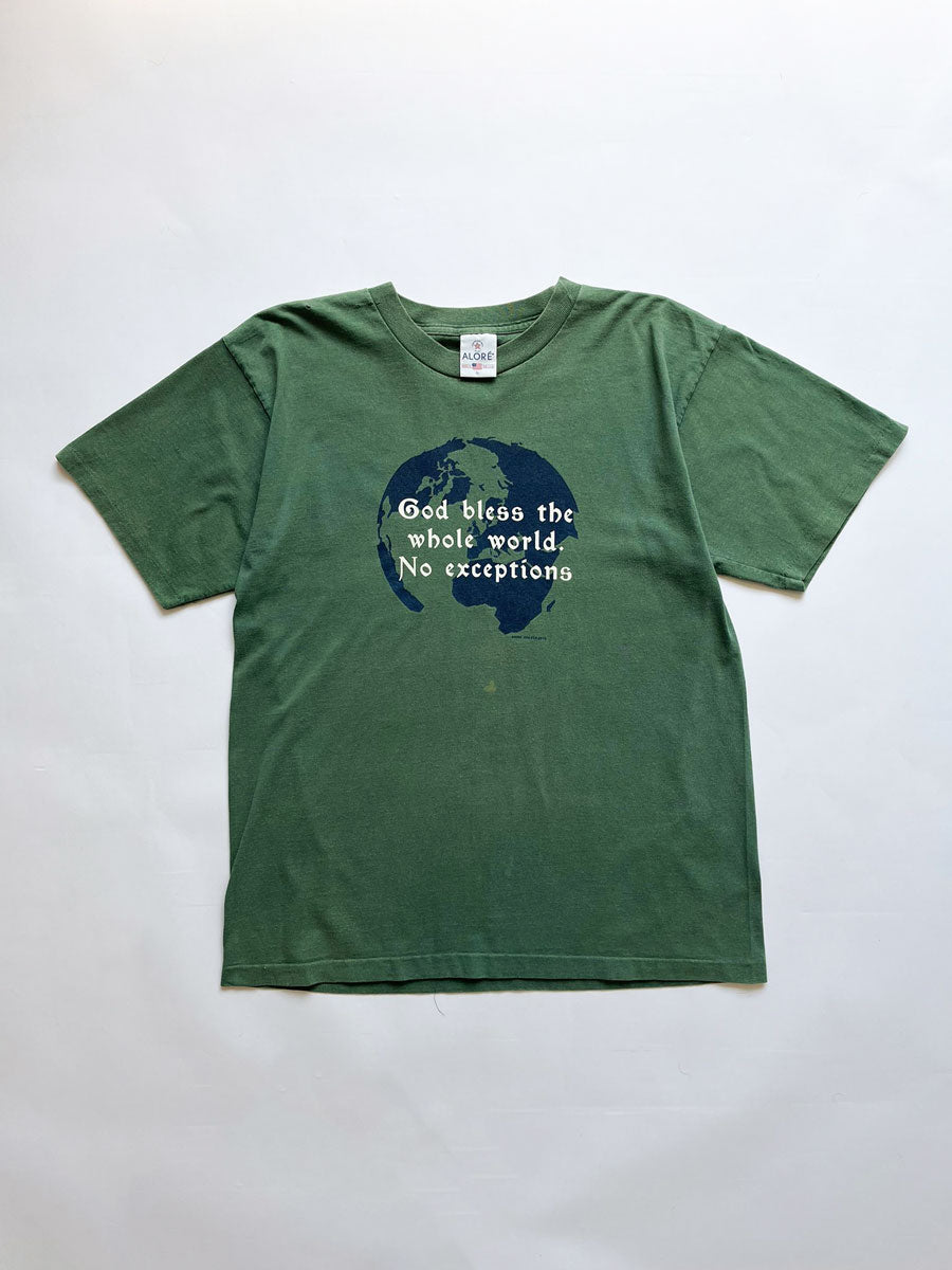 "God bless the whole world" single stitch t shirt vintage 90s. Made USA. Hanes brand. Print on the front with quote. Tee with green quality cotton. Size Large.