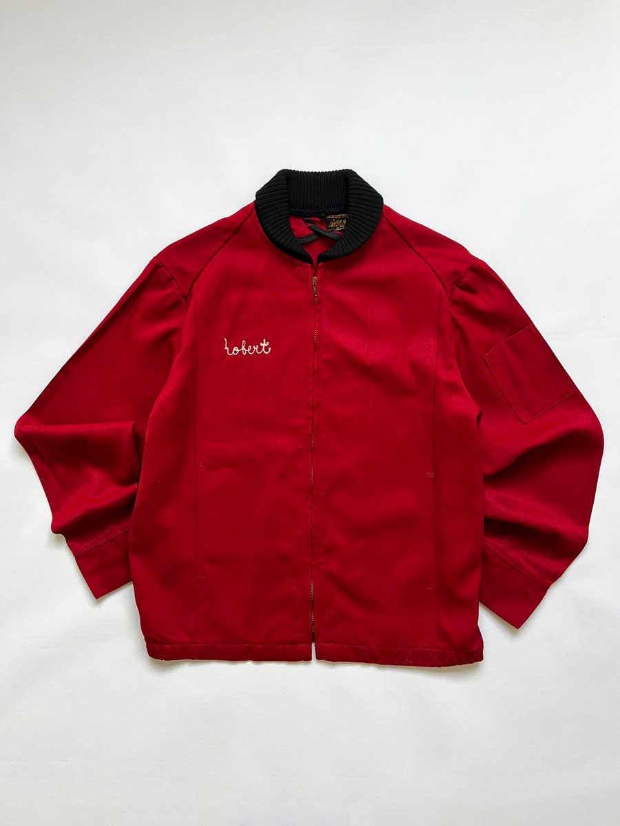 Work jacket vintage red 1960s Unitog with talon zip and "Robert" embroidery. Extremely high quality fabric. Made in the USA. Complete with all labels.