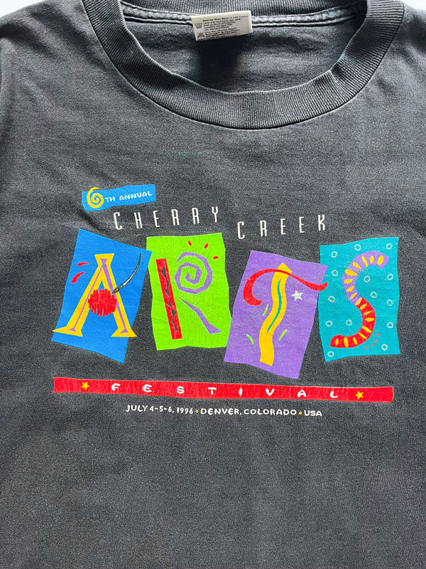 T shirt vintage black single stitch Cherry Creek festival. Dated 1996 Oneita Made USA brand. Print on front and back. Rare single stitch vintage tee size L