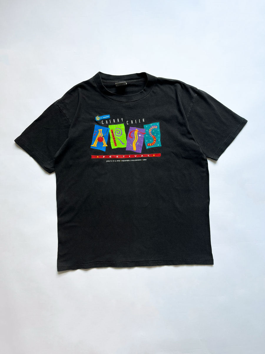 T shirt vintage black single stitch Cherry Creek festival. Dated 1996 Oneita Made USA brand. Print on front and back. Rare single stitch vintage tee size L