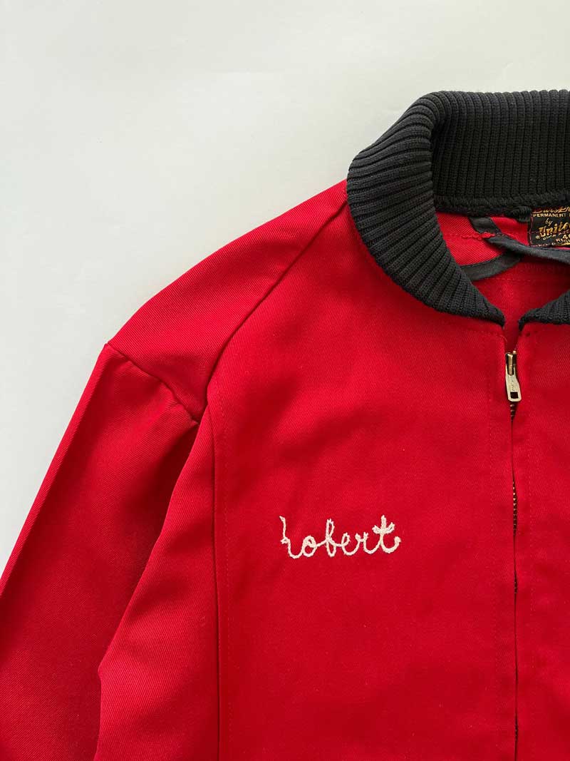 Vintage work jacket red 1960s Unitog with talon zip and "Robert" embroidery. Extremely high quality fabric. Made in the USA. Complete with all labels.