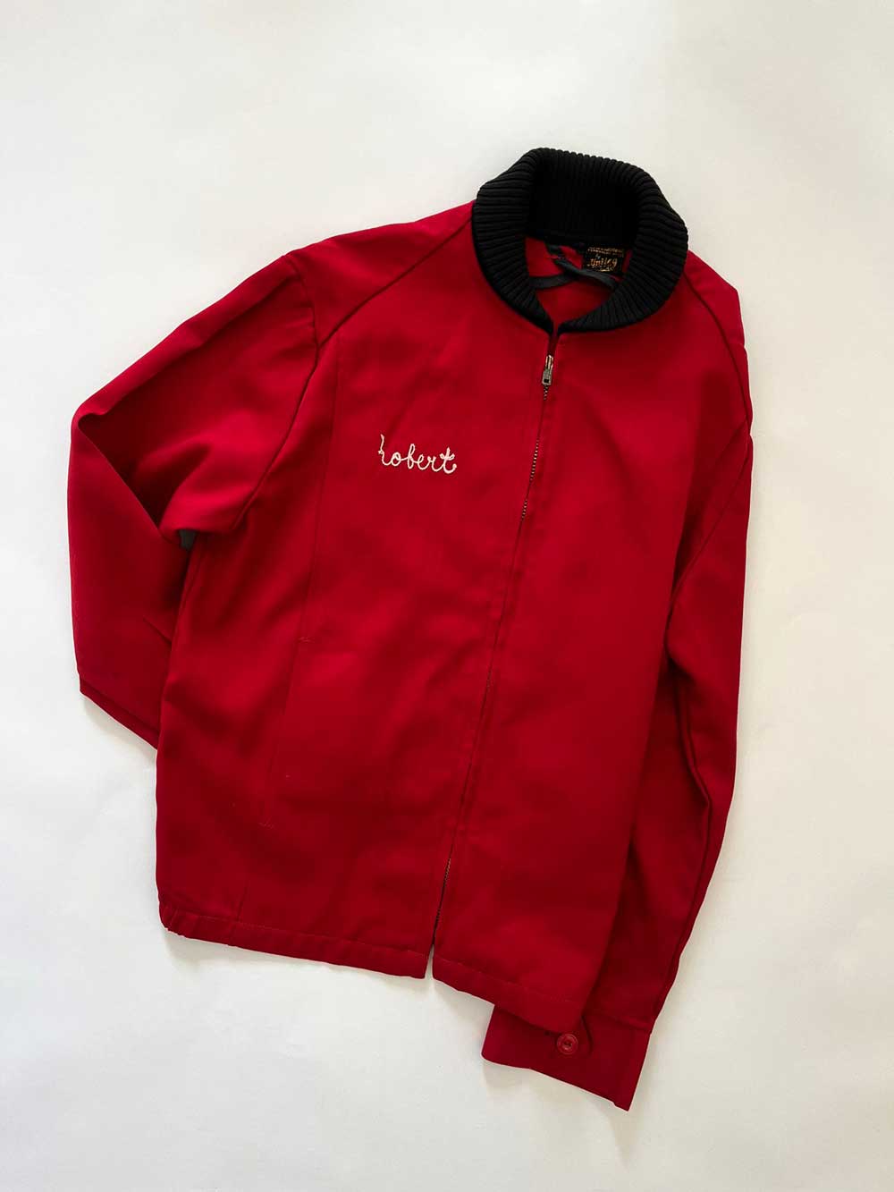 Work jacket vintage red 1960s Unitog with talon zip and "Robert" embroidery. Extremely high quality fabric. Made in the USA. Complete with all labels.
