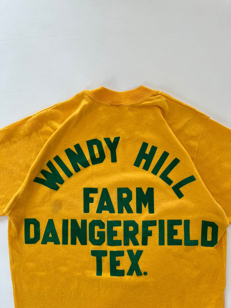 T shirt vintage single stitch Windy Hill Farm Daingerfield Texas. Produzione anni 80 marchio Sport-T by Stedman Made USA. Taglia etichetta: M Taglia consigliata S/M Piccoli buchi sparsi sul davanti e sul dietro della tee.