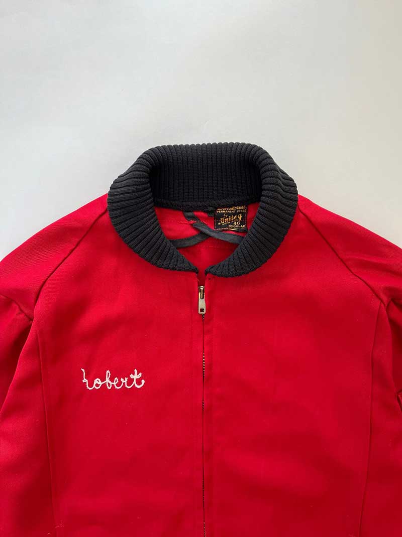 Vintage work jacket red 1960s Unitog with talon zip and "Robert" embroidery. Extremely high quality fabric. Made in the USA. Complete with all labels.