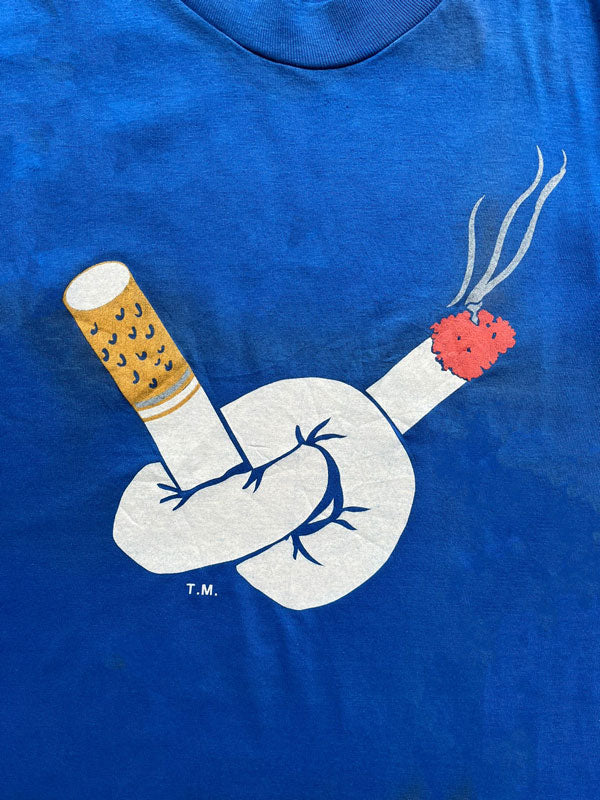 T shirt vintage 1990s Cigarette single stitch. Hanes brand made in USA, produced in the 90s. Size M Bright blue color representing cigarette. Unique vintage product.