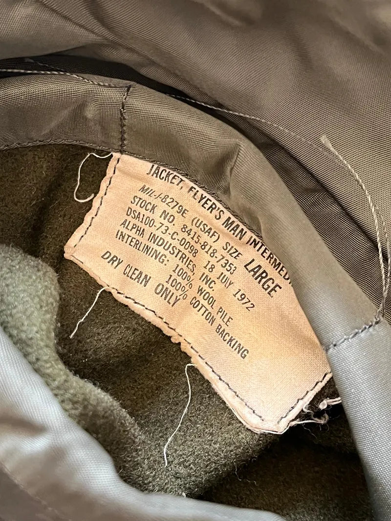 Label of bomber, size large, 1972