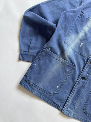 French working jacket sun faded 1970s or 1960s. Size M-L. Cotton twill and ink blue color. Sun faded. Unique French vintage work jacket. Cotton Moleskine.