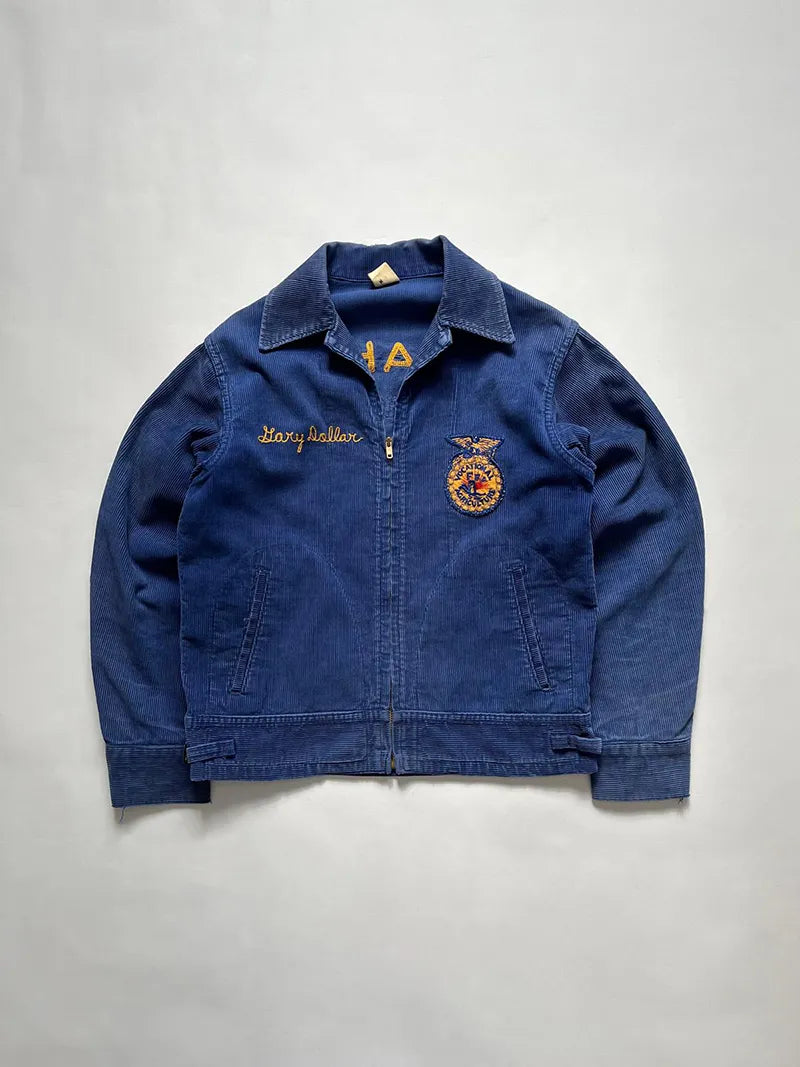 Vintage 60s FFA jacket in blue cotton. The jacket has an excellent patina and is in excellent condition. Idaho - South Fremont. Future farmers of America.