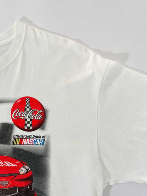 Vintage t-shirt fruit of the loom white by nascar and sponsor coca-cola. Positioned on a neutral white background.