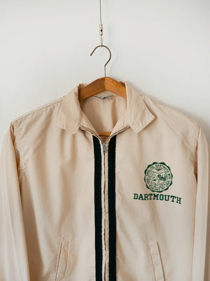 Close-up of the collar, front zip and Dartmouth College seal patch on this vintage JEM Jackets Harrington jacket.