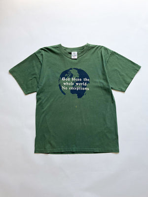 "God bless the whole world" single stitch t shirt vintage 90s. Made USA. Hanes brand. Print on the front with quote. Tee with green quality cotton. Size Large. 