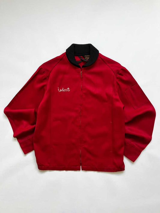 Vintage work jacket red 1960s Unitog with talon zip and "Robert" embroidery. Extremely high quality fabric. Made in the USA. Complete with all labels.