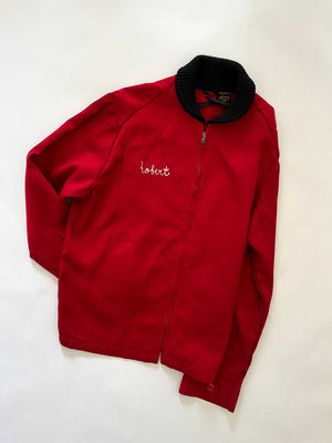 Work jacket vintage red 1960s Unitog with talon zip and "Robert" embroidery. Extremely high quality fabric. Made in the USA. Complete with all labels.