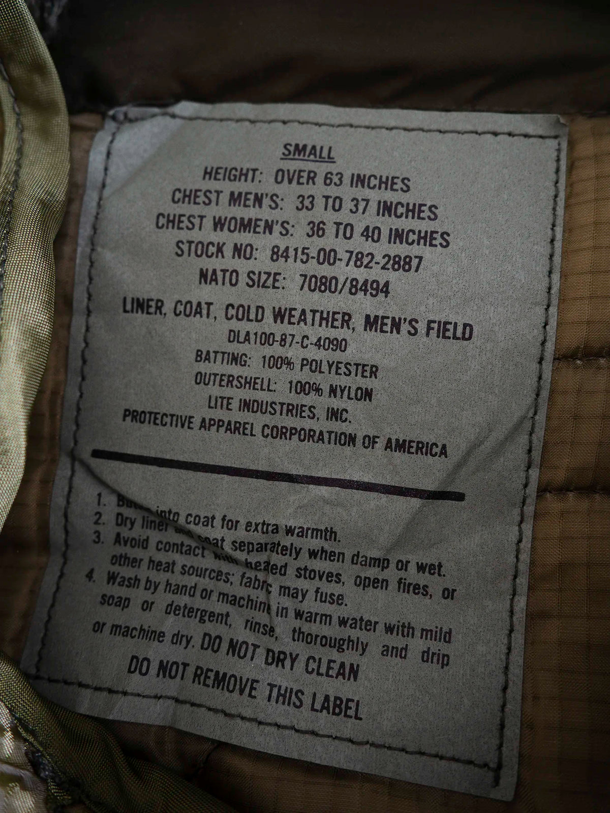 Etichetta originale Protective Apparel Corporation of America