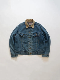 Vintage 60s 70s Lee Storm Rider Denim Jacket 101LJ - size 46 Regular. Union label present;
Wool lining with horizontal yellow and blue stripes. Large.