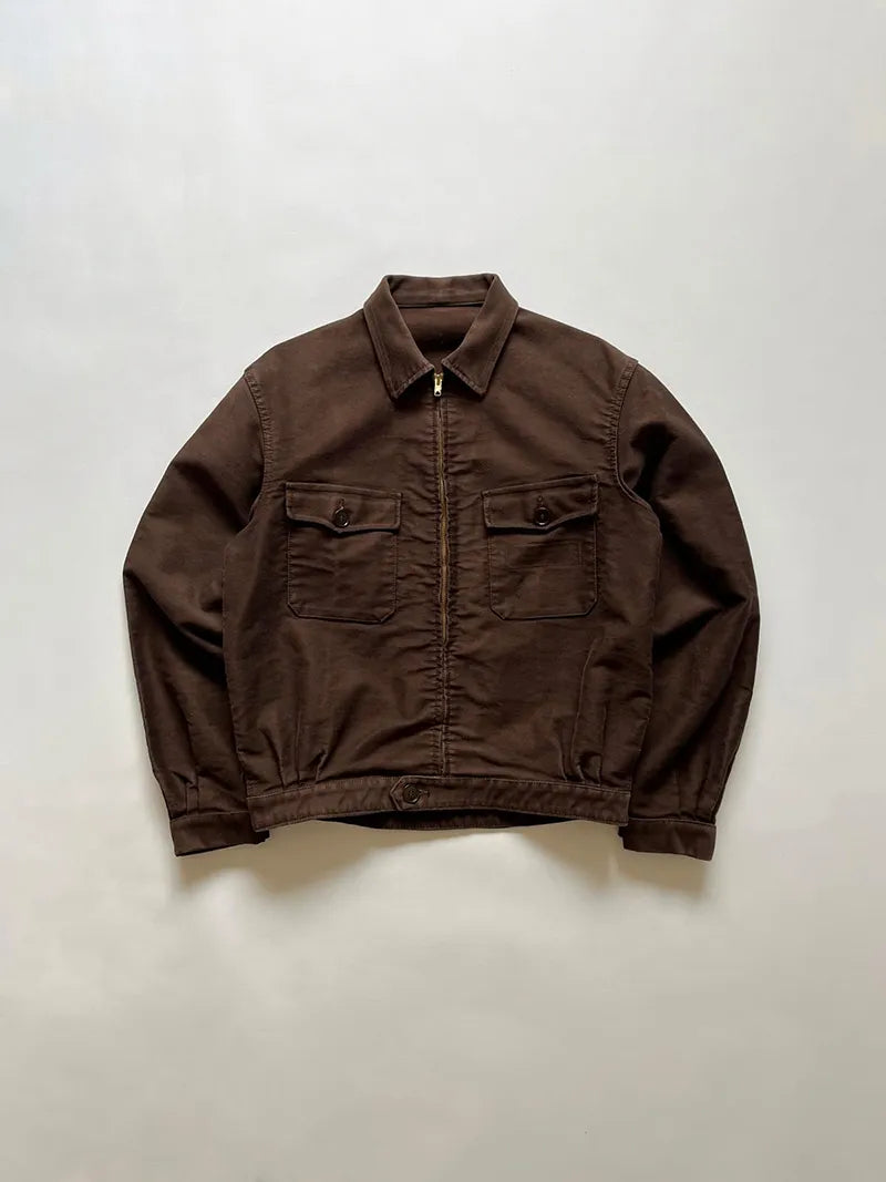 60s 70s French Brown Moleskin Cyclist Jacket  - S