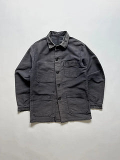 Vintage french black moleskin work jacket. Made in France - Dated 1950s. No label. Color has faded incredibly. Size medium. In good general condition.