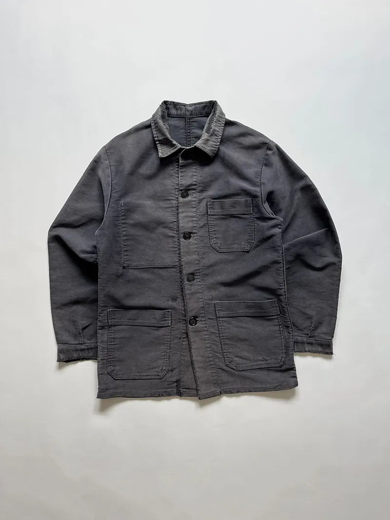 Vintage french black moleskin work jacket. Made in France - Dated 1950s. No label. Color has faded incredibly. Size medium. In good general condition.