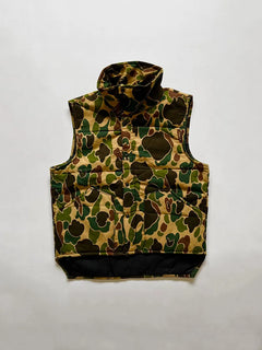 Vintage Jim Catfish Duck Camo Vest, produced approximately between the 1970s and 1980s. Made in the USA. Quilted interior and high collar. Excellent condition.