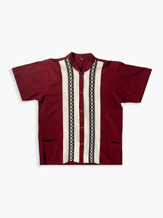 Handcrafted burgundy guayabera shirt made in Mexico. Embroidery done down to the smallest details and with extremely high quality fabric. Vintage product. Positioned on a neutral white background
