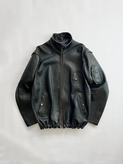 French Leather Pilot Jacket GVF 70s. Crafted from genuine leather, the jacket offers a sturdy, boxy fit. Italian-style collar. Eclair zip. Size Large.