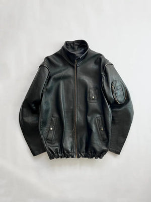 French Leather Pilot Jacket GVF 70s. Crafted from genuine leather, the jacket offers a sturdy, boxy fit. Italian-style collar. Eclair zip. Size Large.