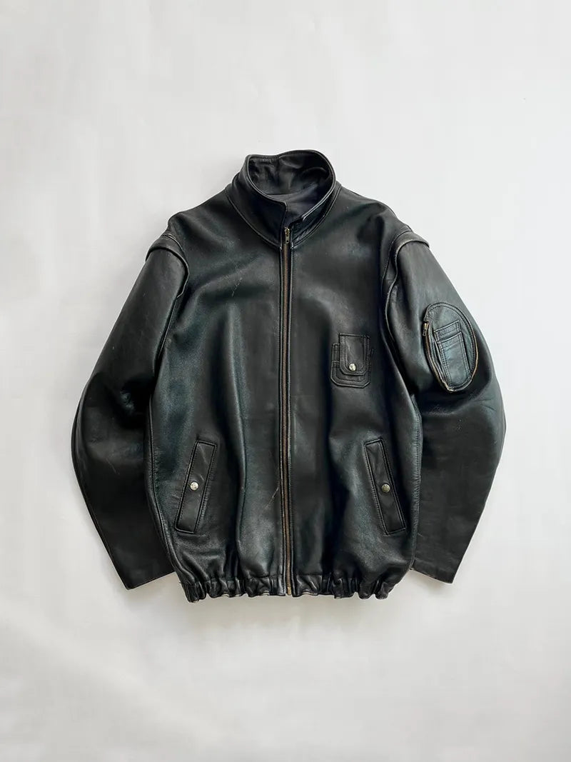 French Leather Pilot Jacket GVF 70s. Crafted from genuine leather, the jacket offers a sturdy, boxy fit. Italian-style collar. Eclair zip. Size Large.