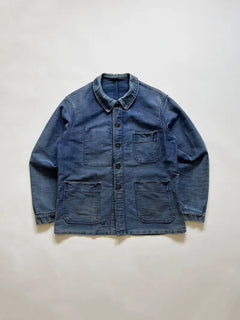 Vintage French blue moleskin work jacket, by Adolphe Lafont, circa 1950s. Embroidered label, made in France. Size Medium. In good general condition.