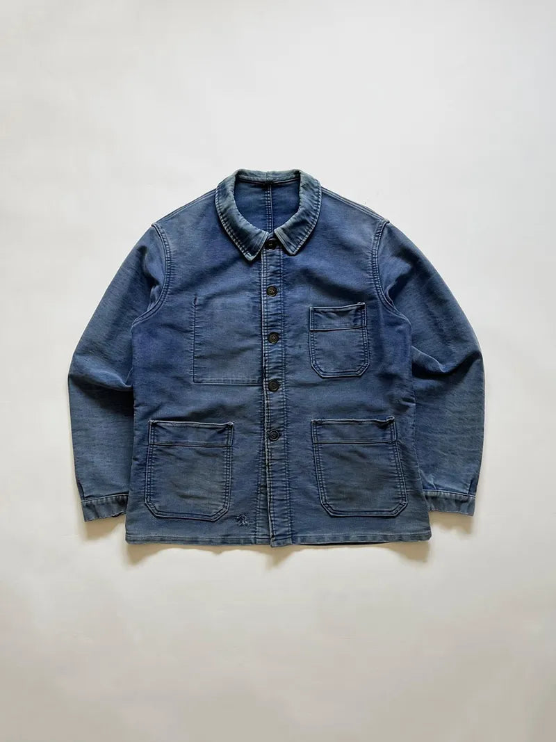Vintage French blue moleskin work jacket, by Adolphe Lafont, circa 1950s. Embroidered label, made in France. Size Medium. In good general condition.