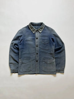 Vintage French blue moleskin work jacket by Tiss Acier. The fabric is an extremely soft and silky blue moleskin, with incredible color gradients. V-pockets.