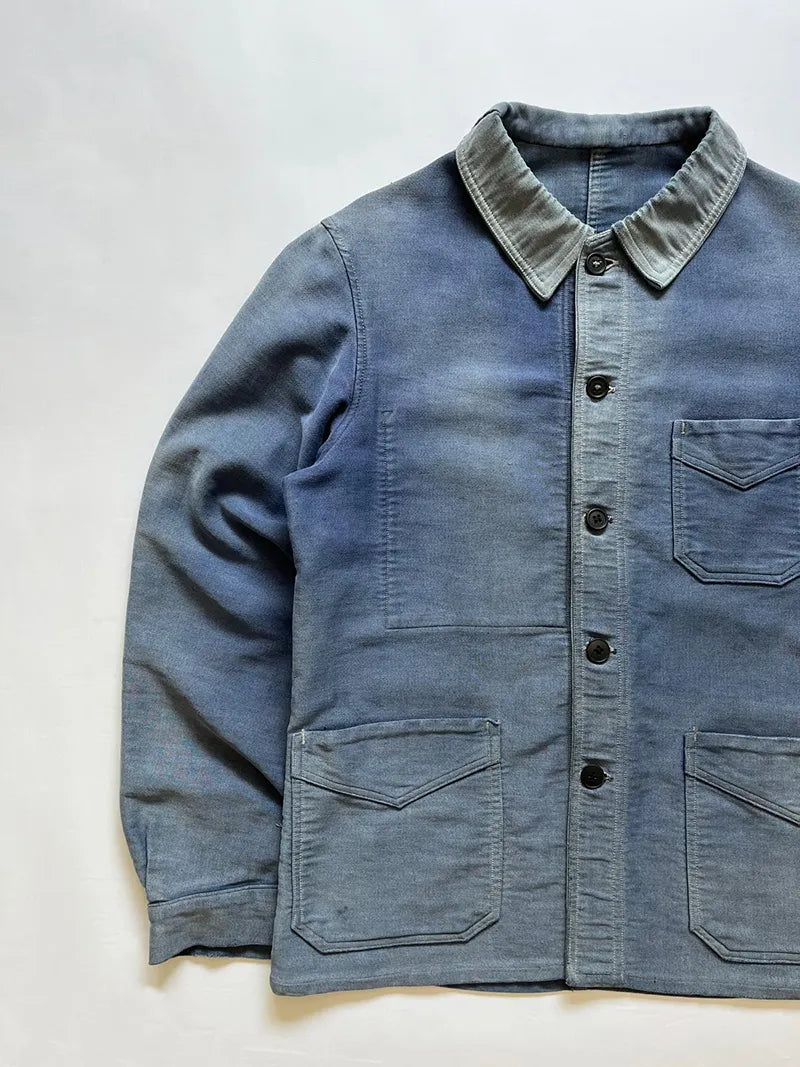 40s 50s Blue Moleskin Work Jacket Tiss Acier - S