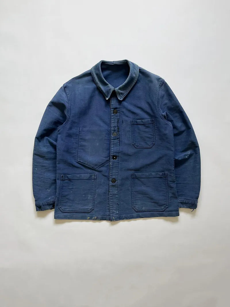 French blue moleskin work jacket, by Beau-fort, 1960s. Embroidered label, made in France. Beau-Fort is a very popular brand in the French workwear scene.