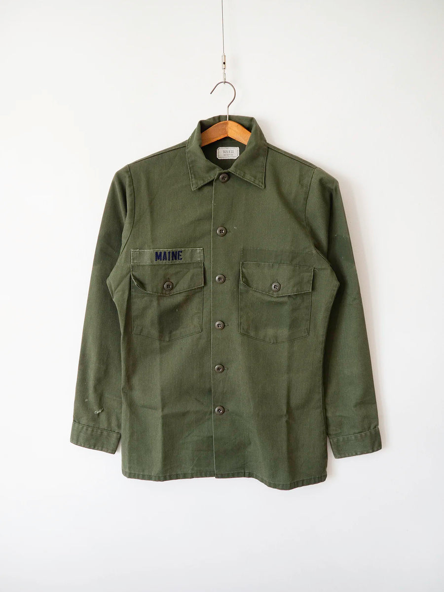 OG-507 vintage US Army utility shirt, olive green, size M, with Maine National Guard name tape above the left pocket.