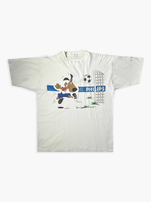 White 90s t-shirt used in the USA94 World Cup depicting mascots. Positioned on a neutral white background.