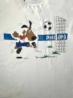 White 90s t-shirt used in the USA94 World Cup depicting mascots. Positioned on a neutral white background.