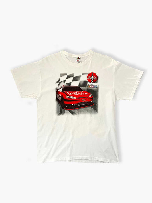 Vintage t-shirt fruit of the loom white by nascar and sponsor coca-cola. Positioned on a neutral white background.